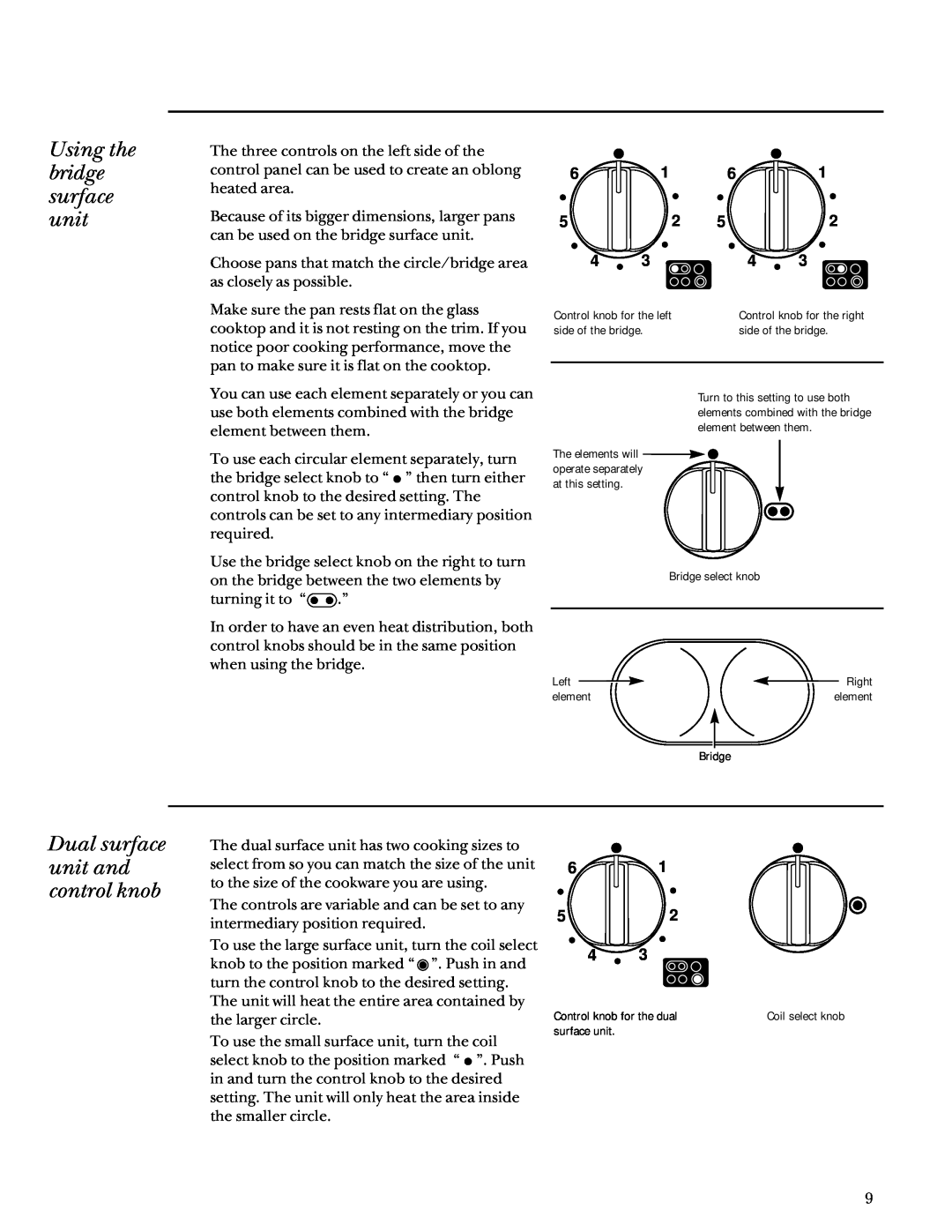 GE Monogram 36 Ceramic Cooktop manual Using the bridge surface unit, Dual surface unit and control knob 