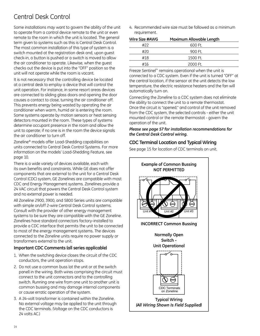 GE Monogram 2900 Series manual Central Desk Control, CDC Terminal Location and Typical Wiring, Maximum Allowable Length 