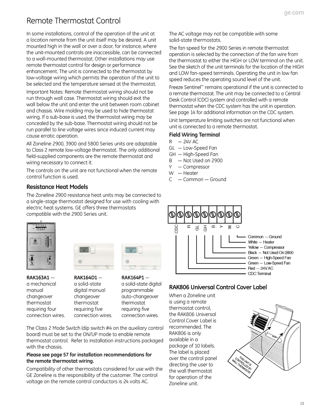 GE Monogram 3900 Series manual Remote Thermostat Control, Resistance Heat Models, RAK806 Universal Control Cover Label 