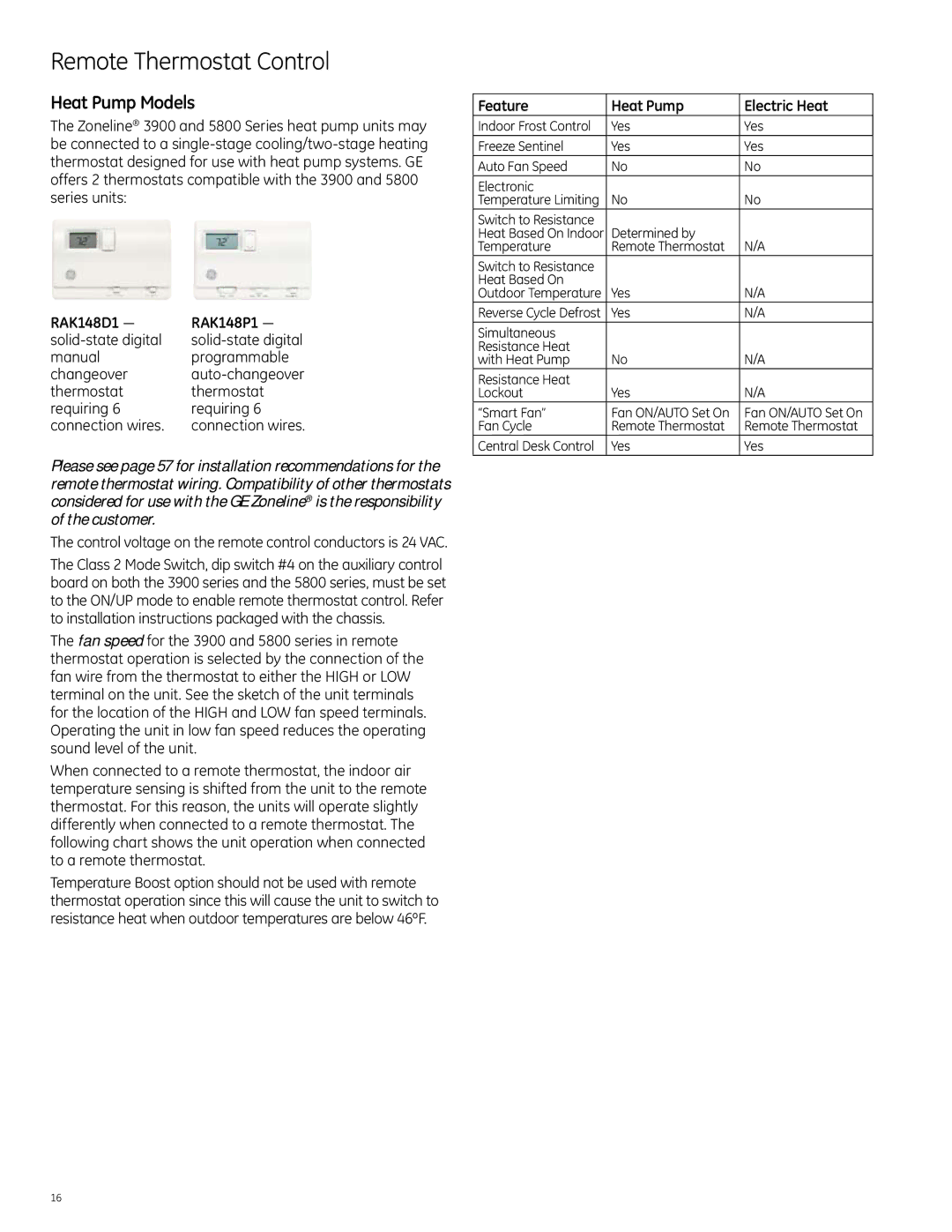 GE Monogram 5800 Series, 3900 Series, 2900 Series manual Heat Pump Models, RAK148D1 RAK148P1, Feature Heat Pump Electric Heat 