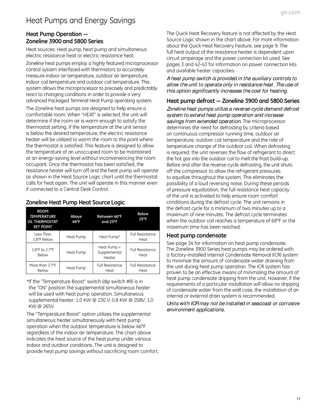 GE Monogram 3900 Series manual Heat Pump Operation Zoneline 3900 and 5800 Series, Zoneline Heat Pump Heat Source Logic 