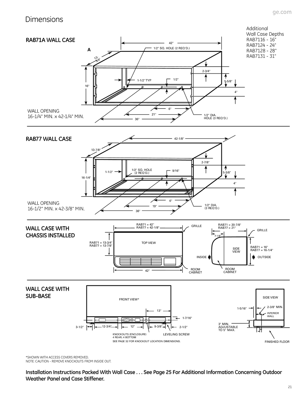 GE Monogram 3900 Series, 5800 Series manual Dimensions, RAB71A Wall Case, RAB77 Wall Case, Wall Case with Chassis Installed 