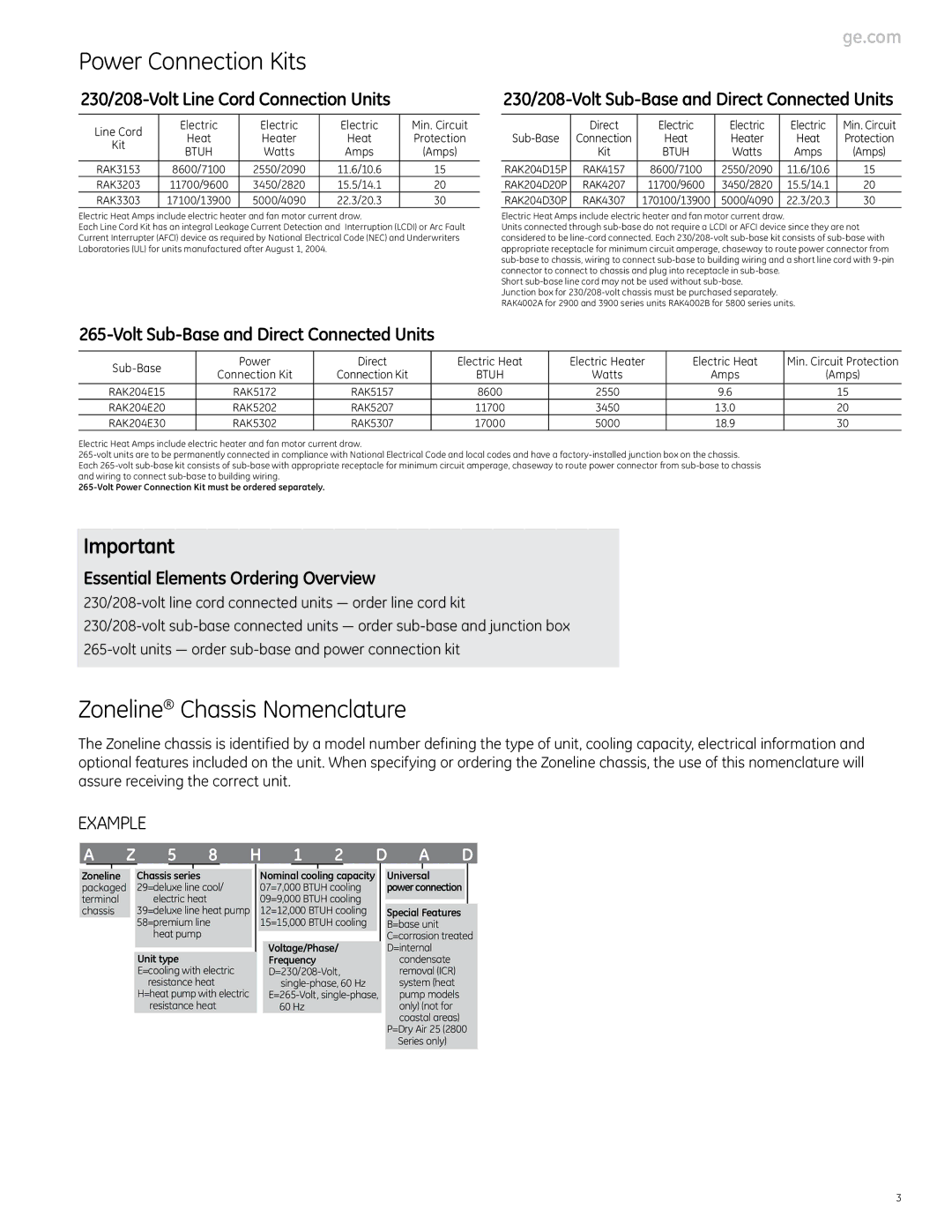 GE Monogram 3900 Series Power Connection Kits, Zoneline Chassis Nomenclature, 230/208-Volt Line Cord Connection Units 