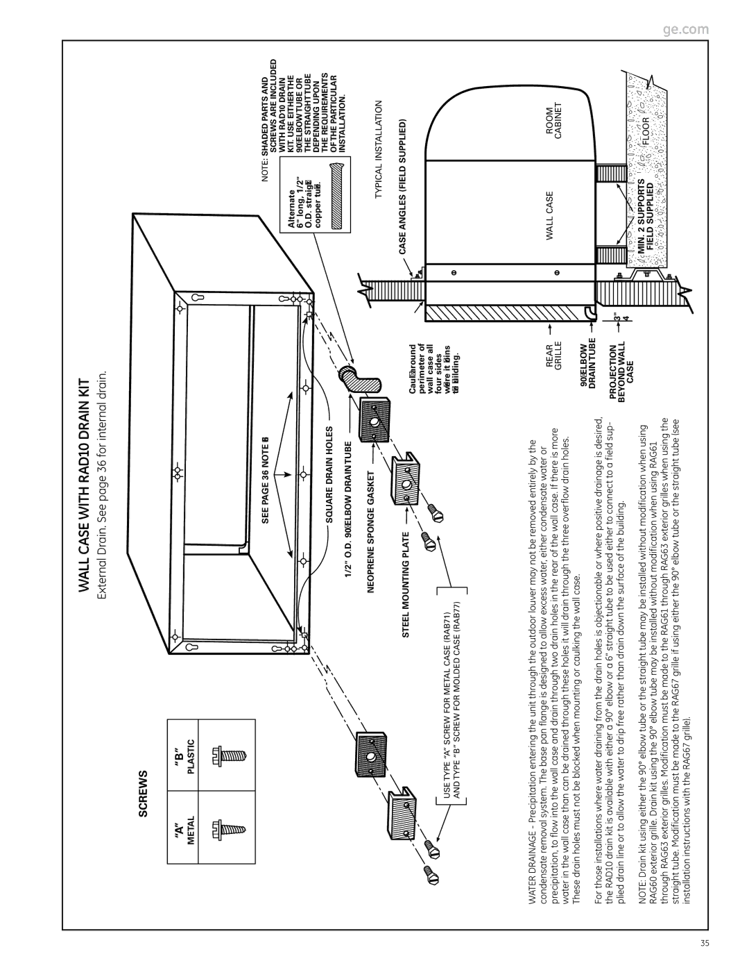 GE Monogram 2900 Series, 3900 Series manual Wall Case with RAD10 Drain KIT, External Drain. See page 36 for internal drain 