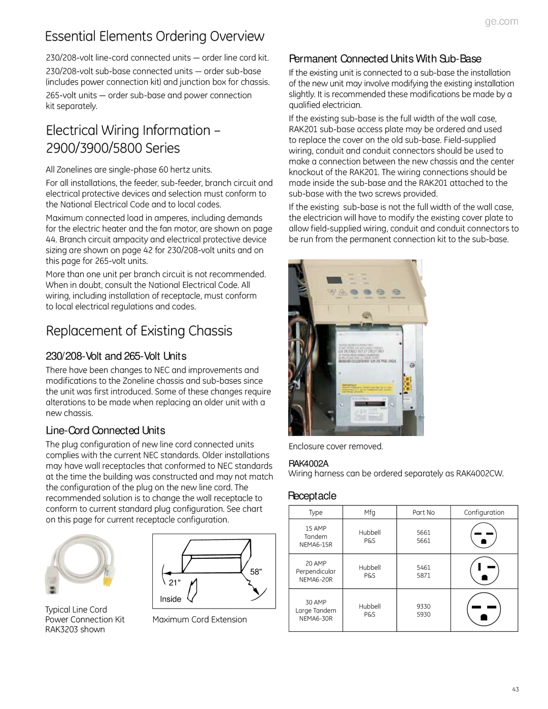 GE Monogram 3900 Series manual Essential Elements Ordering Overview, Electrical Wiring Information 2900/3900/5800 Series 