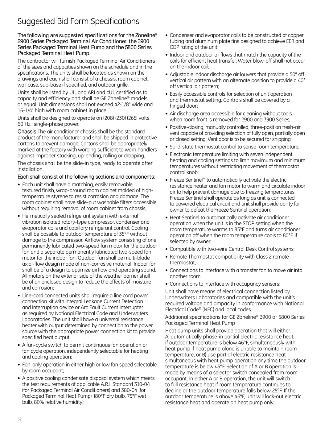 GE Monogram 5800 Series Suggested Bid Form Specifications, Each shall consist of the following sections and components 