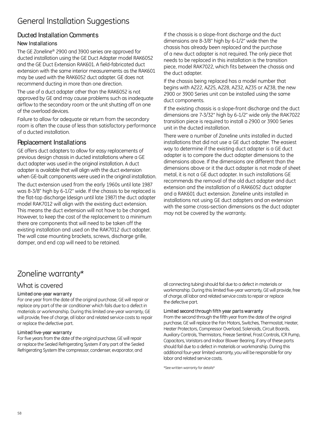 GE Monogram 5800 Series Zoneline warranty, Ducted Installation Comments, Replacement Installations, New Installations 