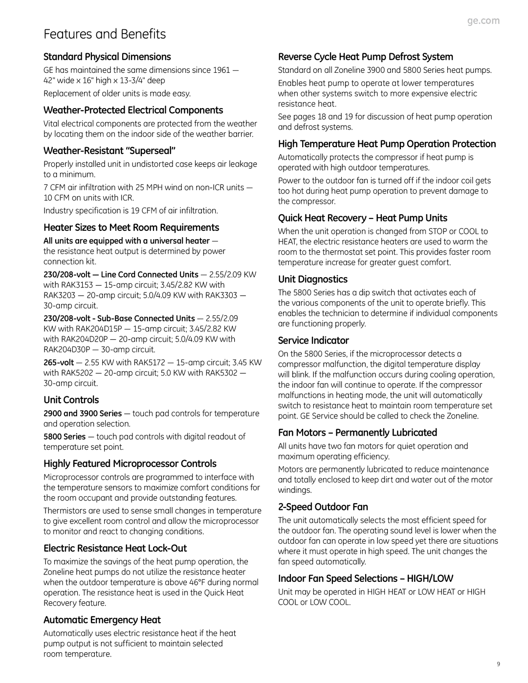 GE Monogram 3900 Series, 5800 Series, 2900 Series manual Features and Benefits 