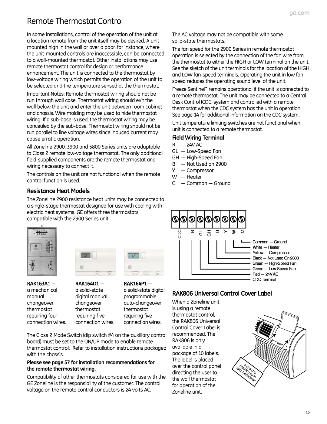 GE Monogram 3900 Series Remote Thermostat Control, Resistance Heat Models, RAK806 Universal Control Cover Label, RAK163A1 
