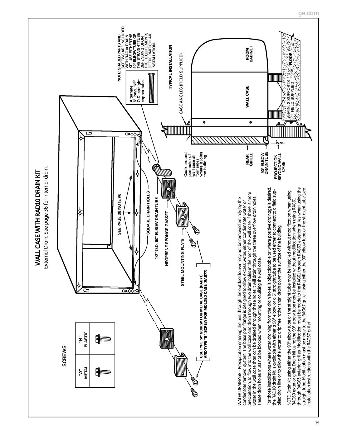 GE Monogram 2900 Series, 3900 Series manual WALL CASE WITH RAD10 DRAIN KIT, External Drain. See page 36 for internal drain 