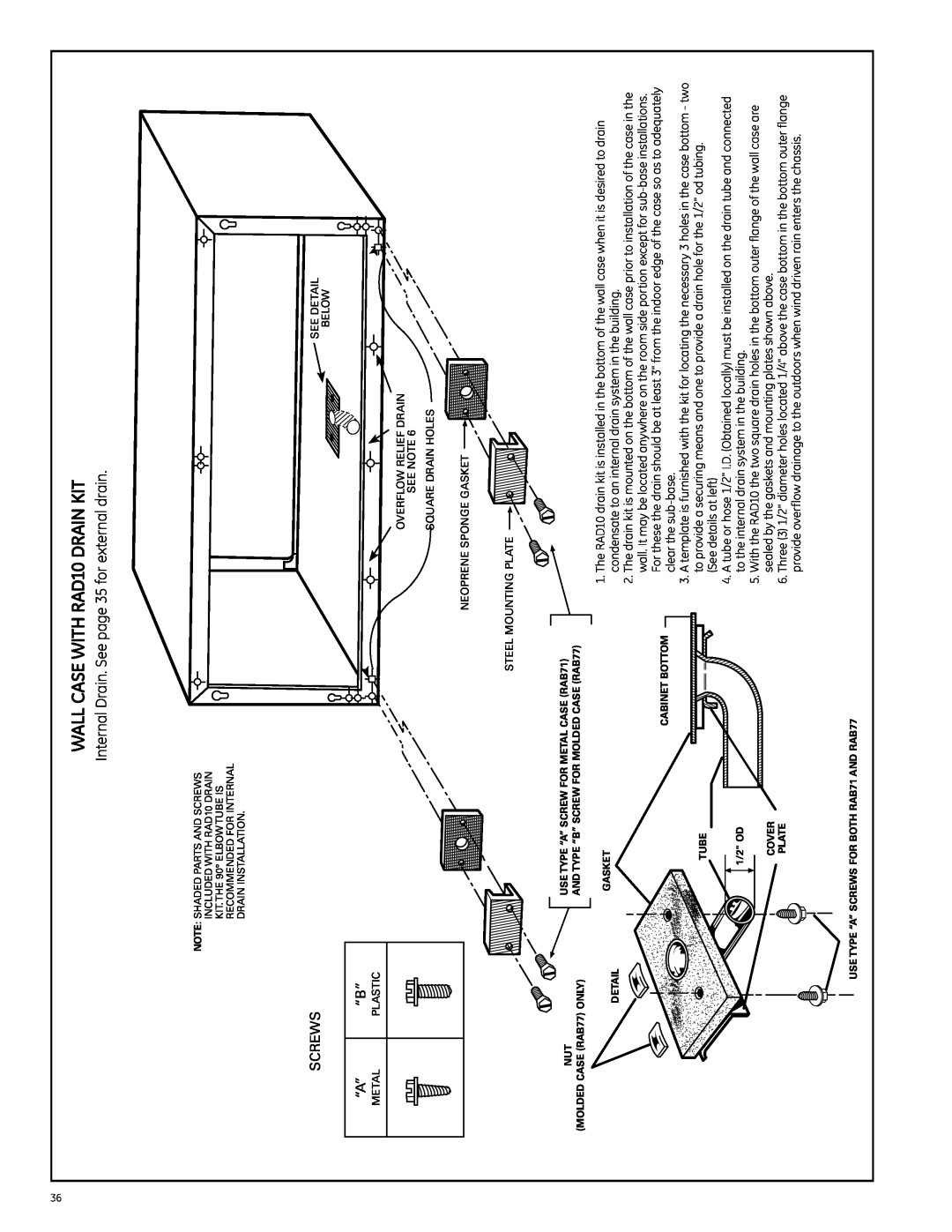 GE Monogram 3900 Series WALL CASE WITH RAD10 DRAIN KIT, Internal Drain. See page 35 for external drain, Screws, “A” “B” 