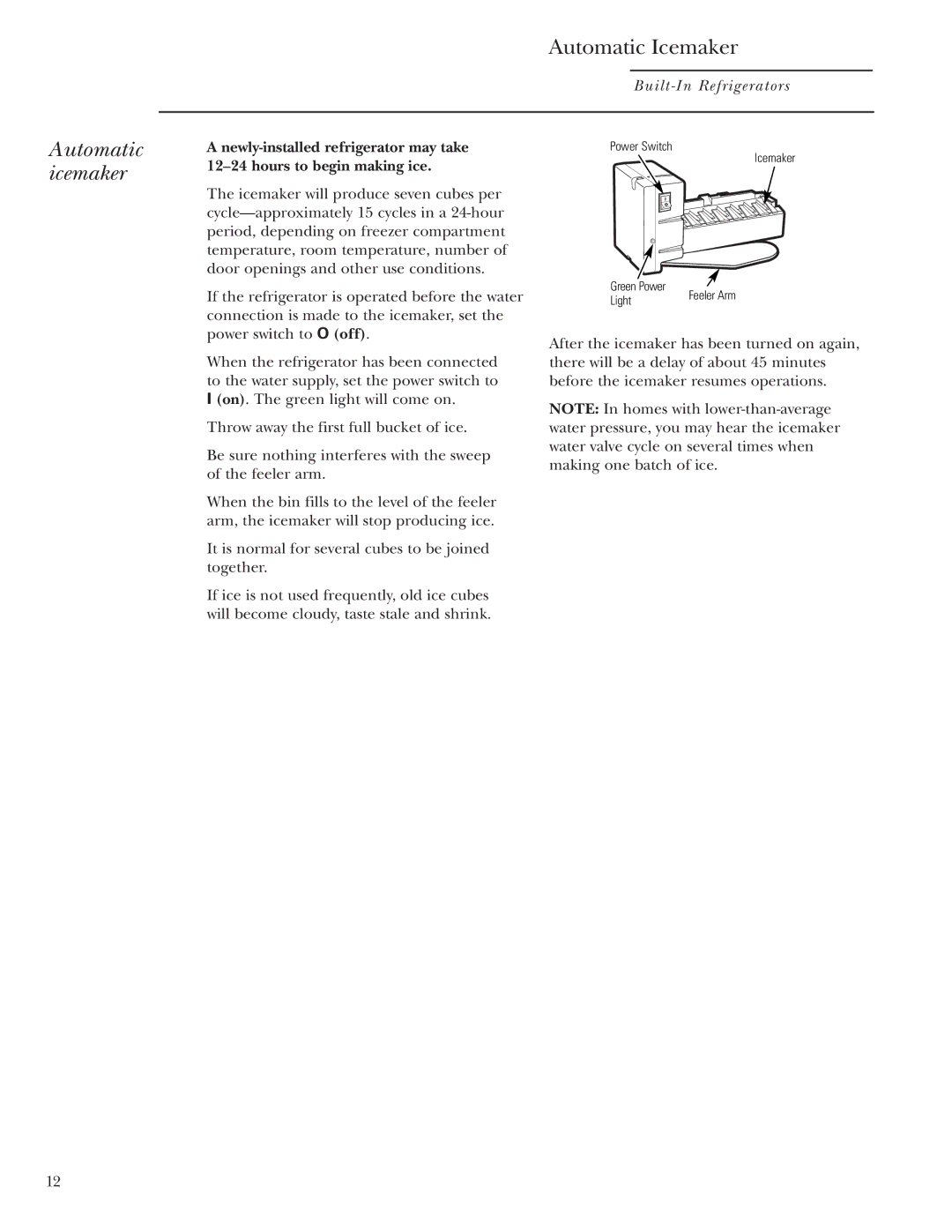 GE Monogram 42, 48 owner manual Automatic icemaker 