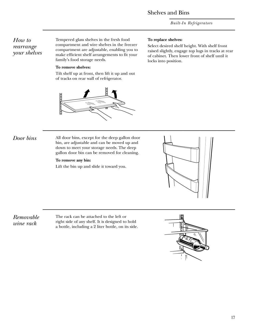 GE Monogram 48, 42 How to rearrange your shelves, Door bins Removable wine rack, To remove shelves, To replace shelves 