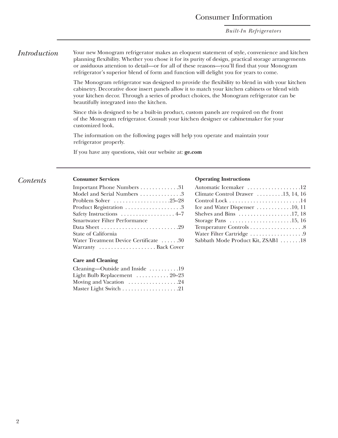 GE Monogram 42, 48 owner manual Introduction, Contents 