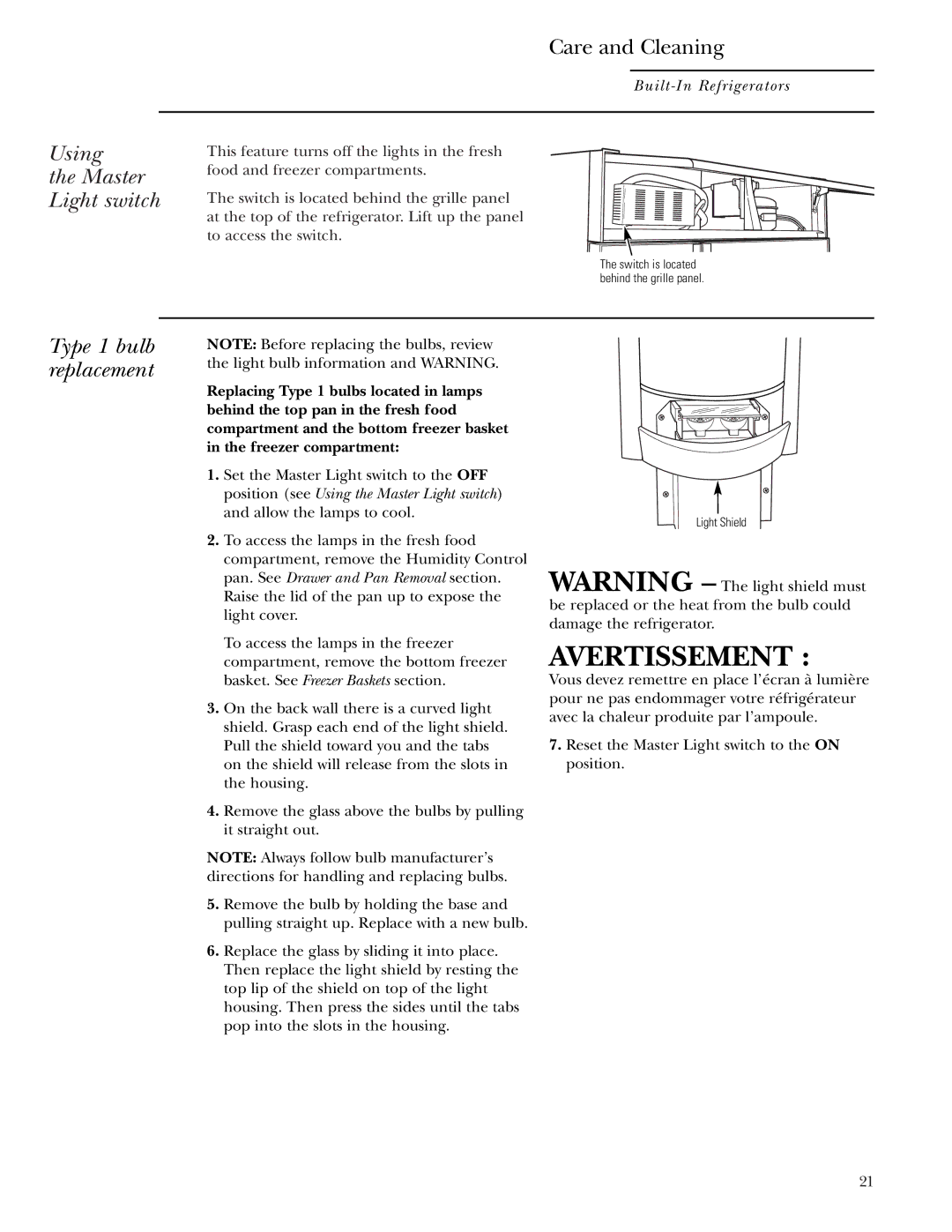 GE Monogram 48, 42 owner manual Using Master Light switch Type 1 bulb replacement 