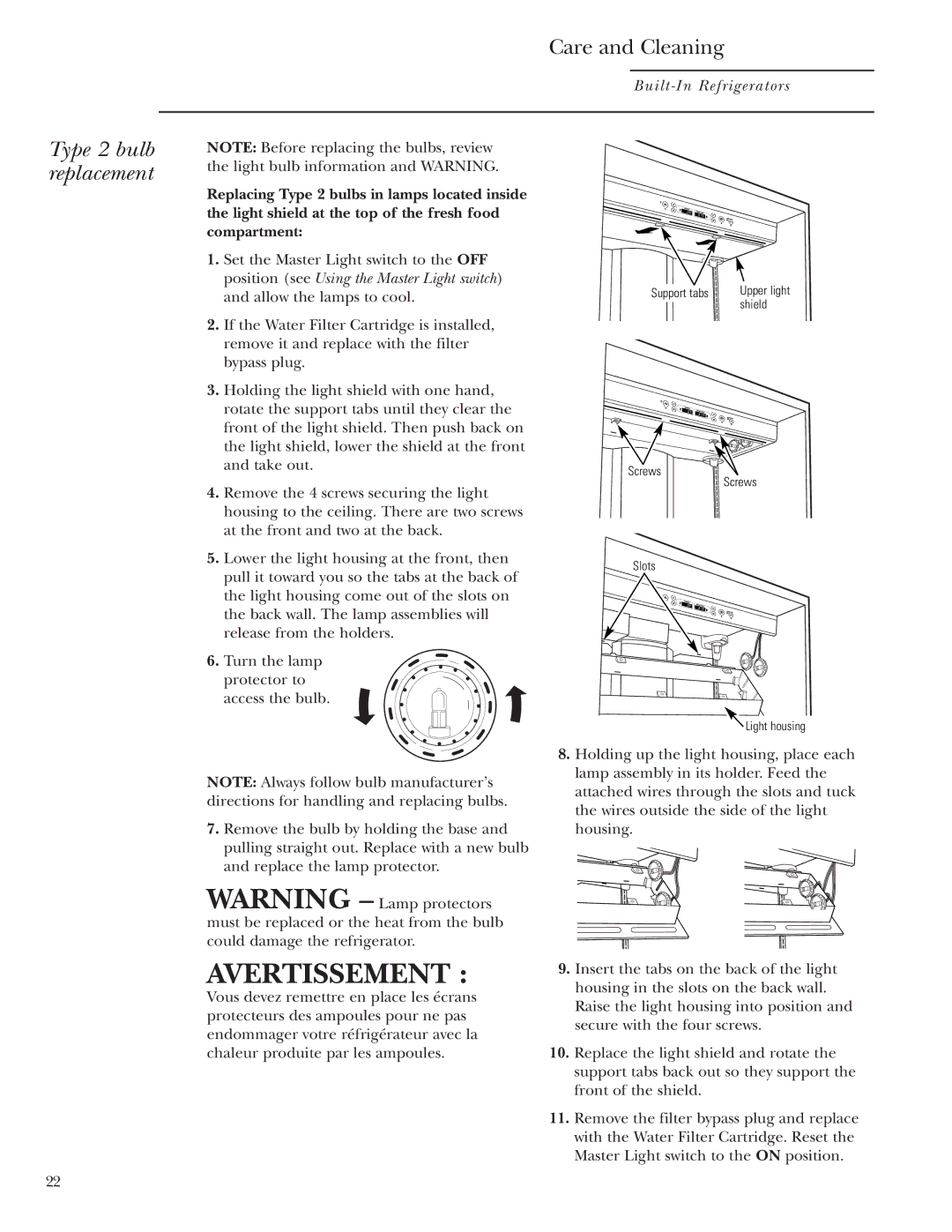 GE Monogram 42, 48 owner manual Type 2 bulb replacement 