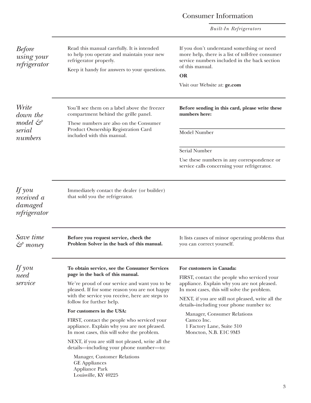 GE Monogram 48, 42 owner manual Before using your refrigerator, Write down the model & serial numbers, If you need service 