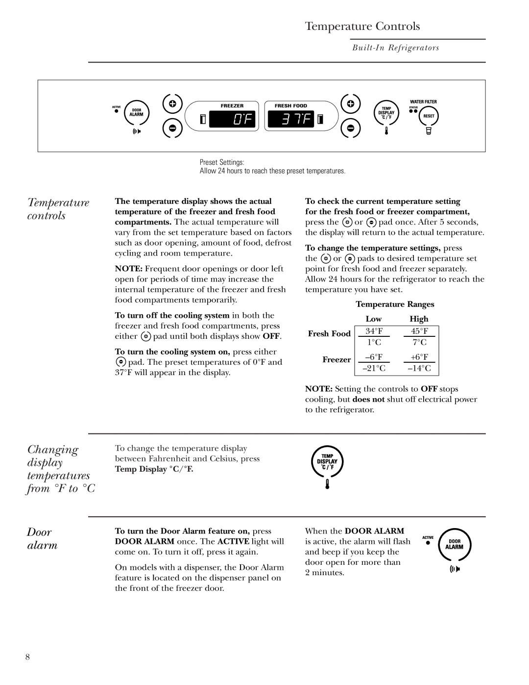 GE Monogram 42, 48 Temperature controls, Changing display temperatures from F to C, Door alarm, Freezer, Temp Display C/F 