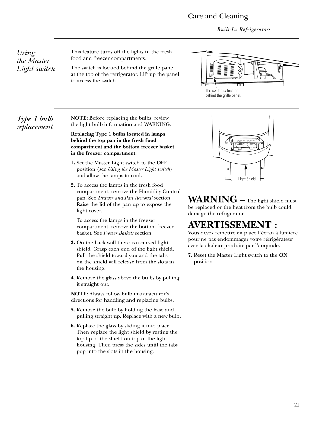GE Monogram 48, 42 owner manual Using the Master Light switch Type 1 bulb replacement, Avertissement, Care and Cleaning 