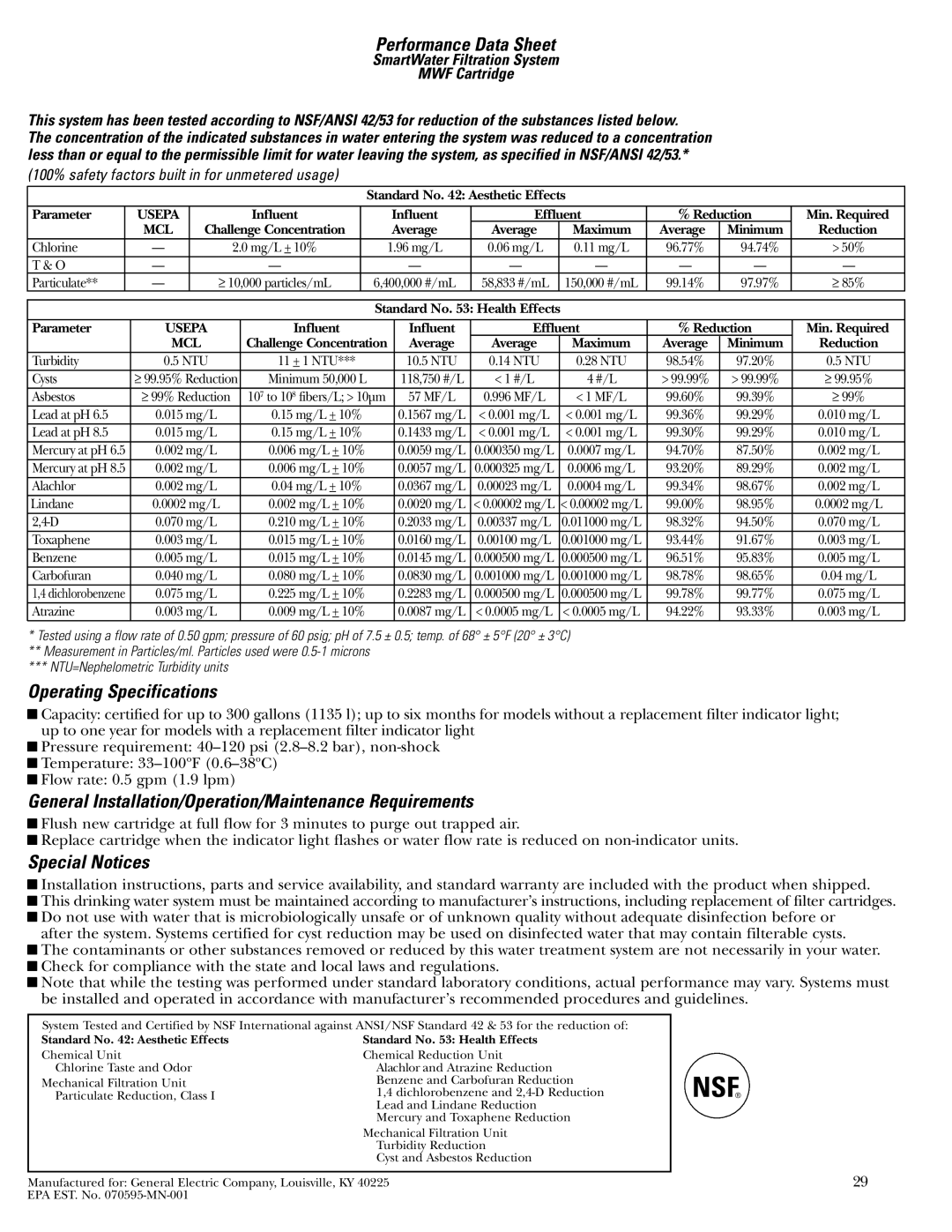 GE Monogram 48 Performance Data Sheet, Operating Specifications, General Installation/Operation/Maintenance Requirements 