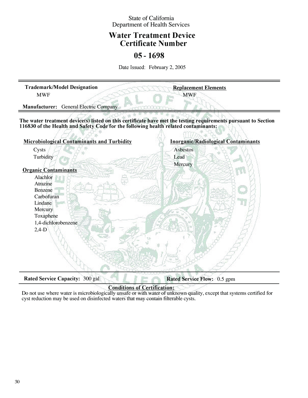 GE Monogram 42, 48 Certificate Number, Water Treatment Device, State of California, Department of Health Services 