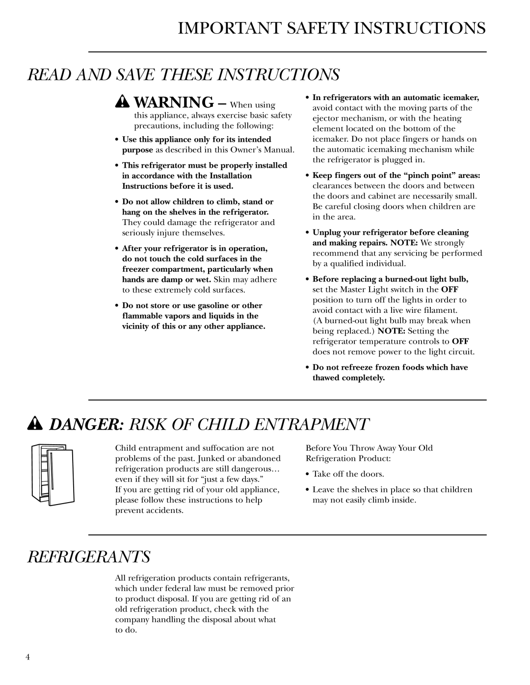 GE Monogram 42, 48 Important Safety Instructions, Read And Save These Instructions, w DANGER RISK OF CHILD ENTRAPMENT 