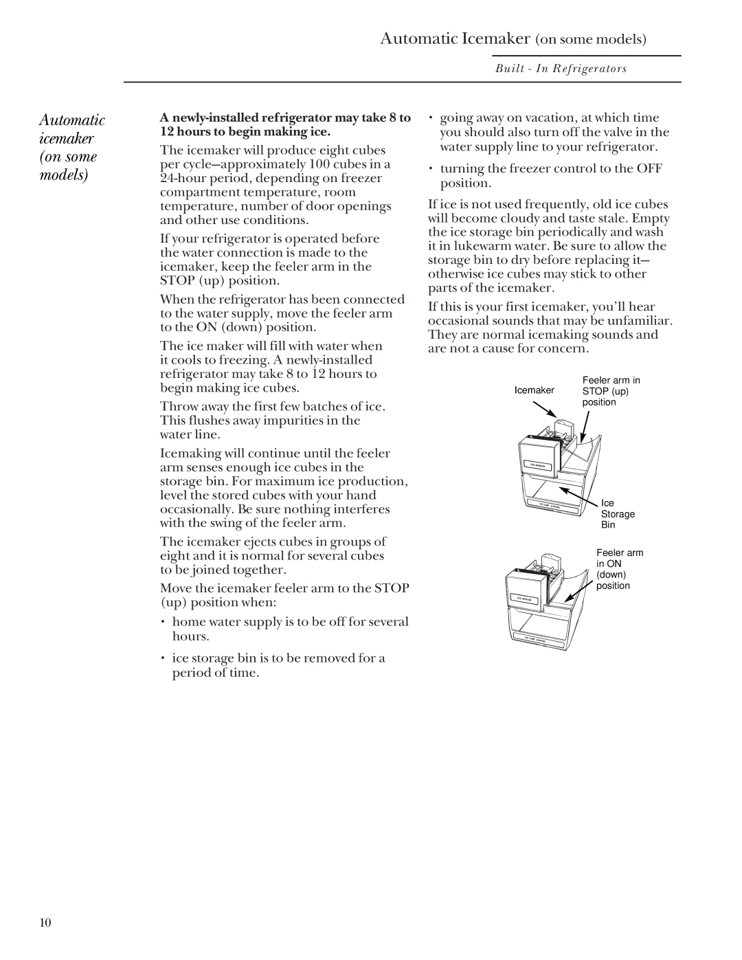 GE Monogram 48 Built-In Refrigerators manual Automatic Icemaker on some models, Automatic icemaker on some models 