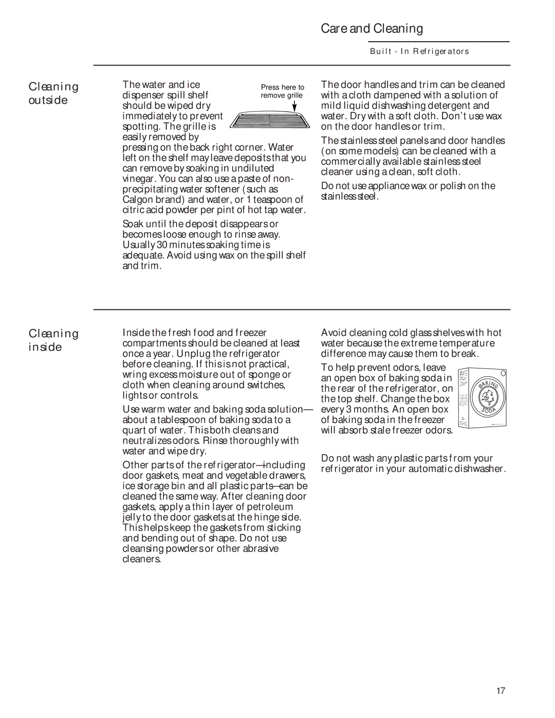 GE Monogram 48 Built-In Refrigerators manual Care and Cleaning, Cleaning outside, Cleaning inside 