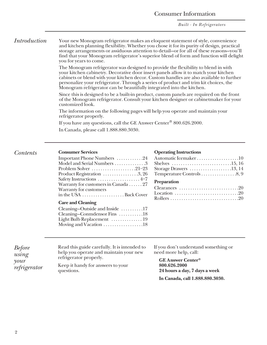 GE Monogram 48 Built-In Refrigerators manual Contents, Before using your refrigerator 