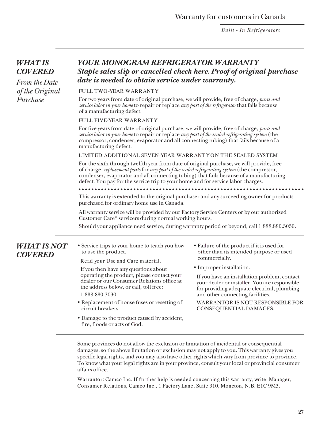 GE Monogram 48 Built-In Refrigerators manual From the Date Original Purchase, Warranty for customers in Canada 