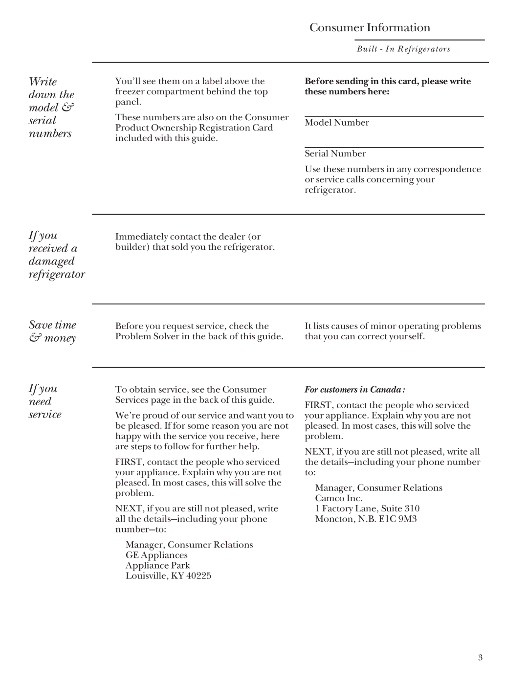 GE Monogram 48 Built-In Refrigerators manual Write down the model & serial numbers, If you need service 