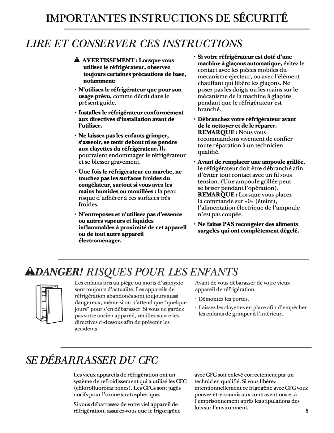 GE Monogram 48 Built-In Refrigerators manual wDANGER! RISQUES POUR LES ENFANTS, Se Débarrasser Du Cfc 