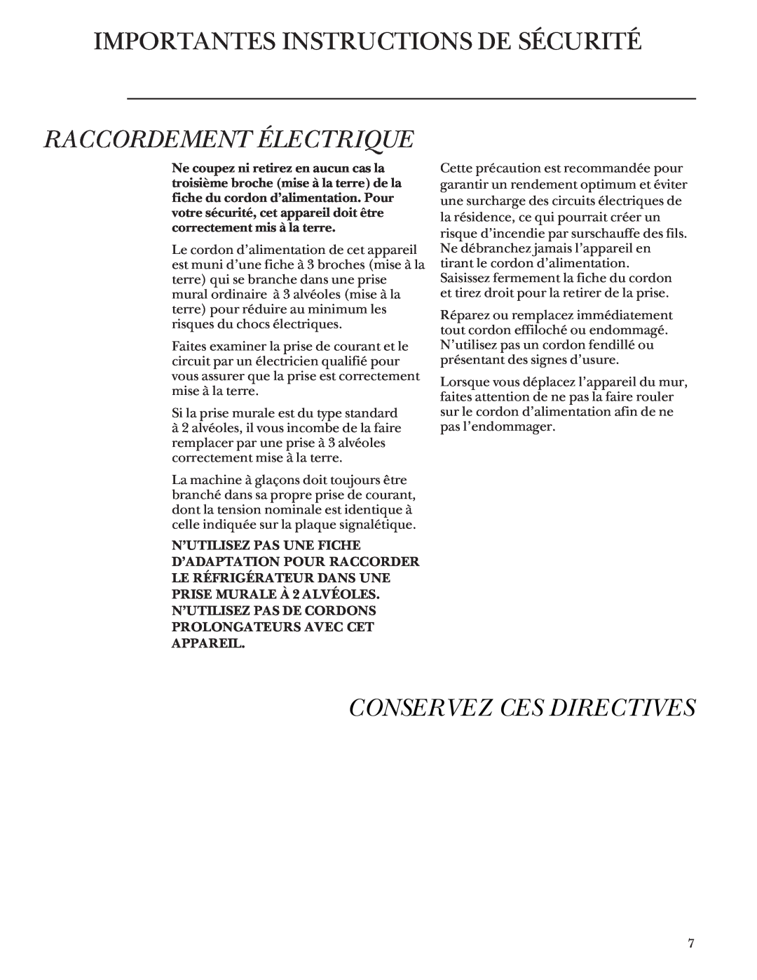 GE Monogram 48 Built-In Refrigerators manual Importantes Instructions De Sécurité, Raccordement Électrique 