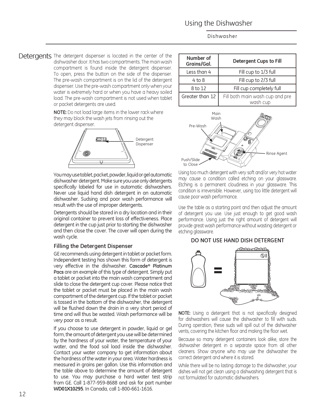 GE Monogram 49-55086 owner manual Filling the Detergent Dispenser, Number Detergent Cups to Fill, Wash cup 