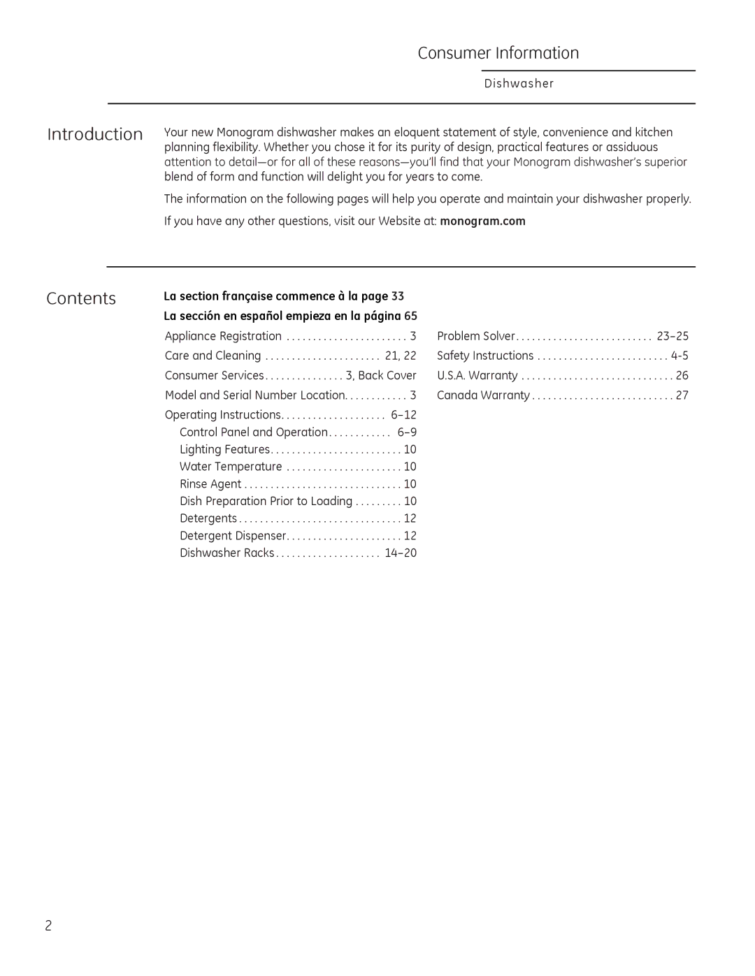 GE Monogram 49-55086 owner manual Consumer Information, Introduction, Contents 