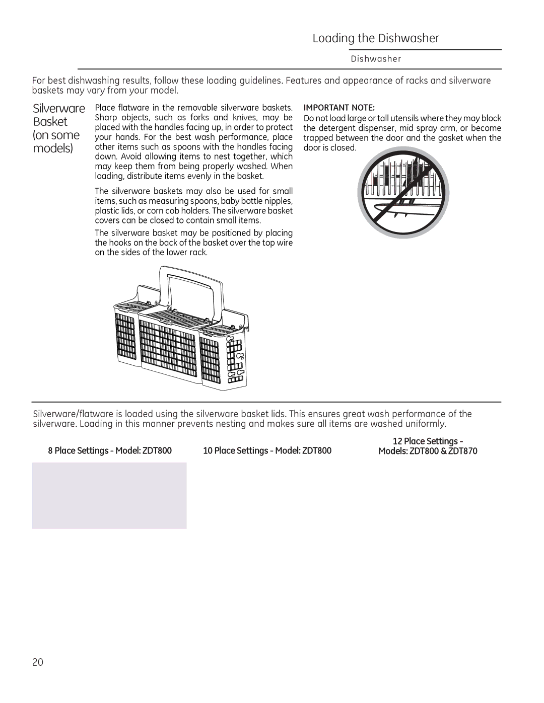 GE Monogram 49-55086 owner manual Place Settings Model ZDT800 