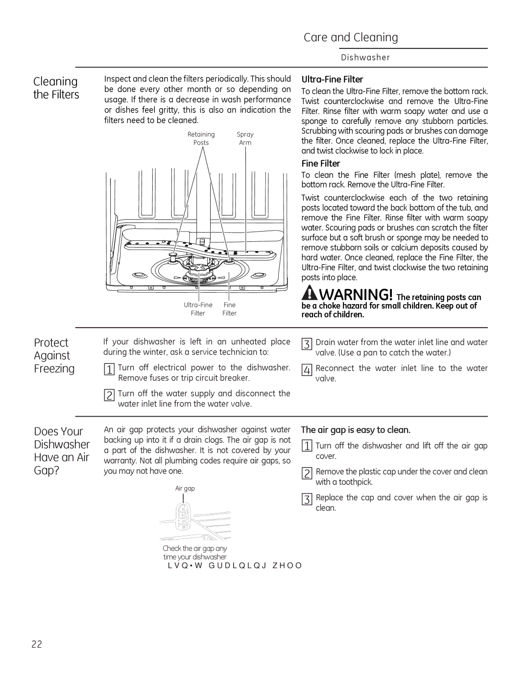 GE Monogram 49-55086 owner manual Protect Against Freezing, Does Your Dishwasher Have an Air Gap?, Air gap is easy to clean 