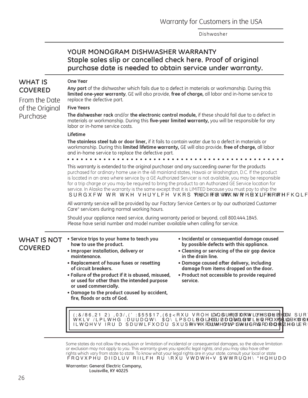 GE Monogram 49-55086 owner manual Warranty for Customers in the USA, From the Date Original Purchase, One Year 