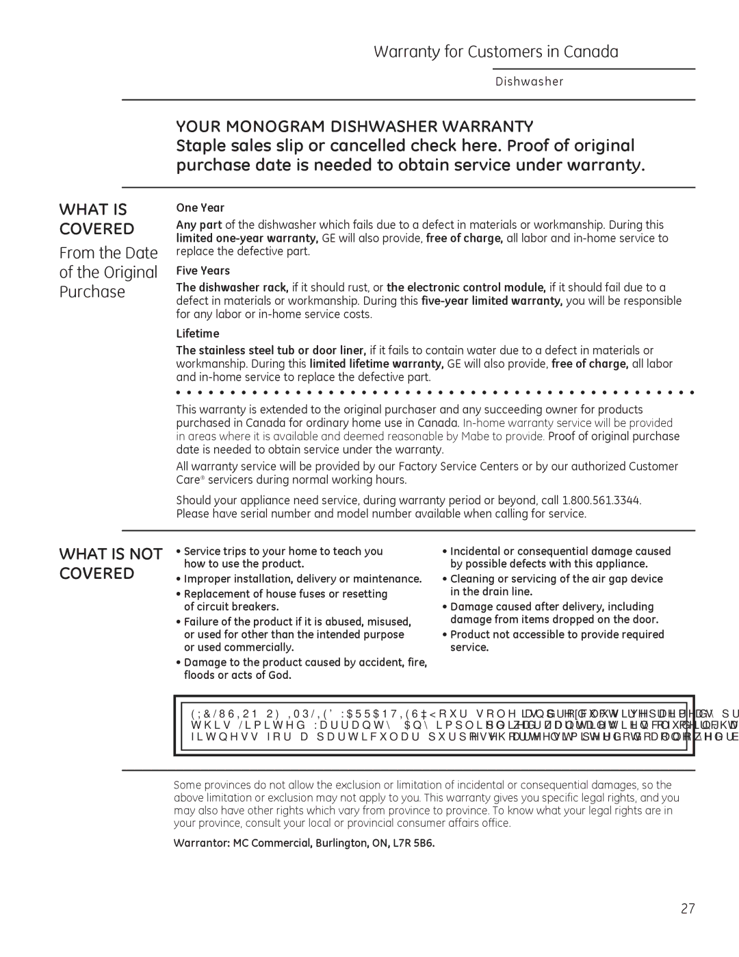 GE Monogram 49-55086 owner manual Warranty for Customers in Canada, From the Date, Five Years 