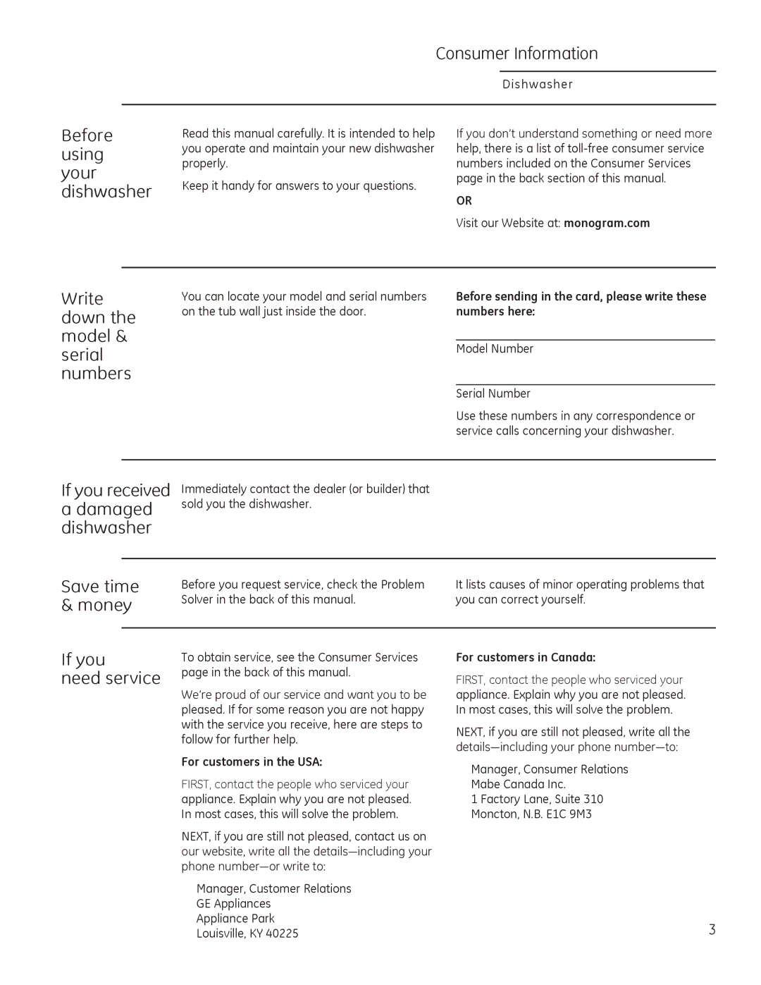 GE Monogram 49-55086 owner manual Before, Using, Your, Dishwasher, Write down the model & serial numbers, Save time & money 