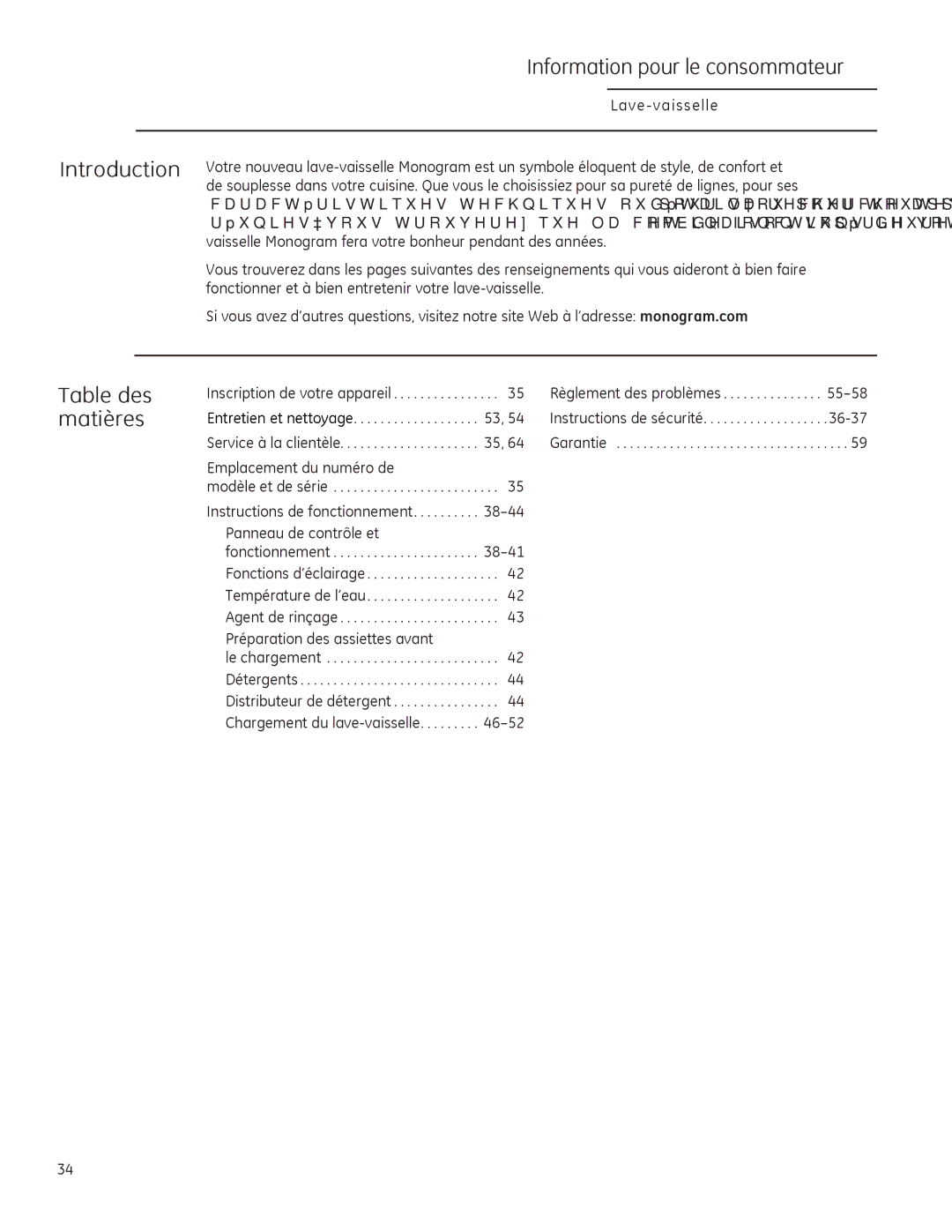 GE Monogram 49-55086 owner manual Information pour le consommateur, Table des matières 