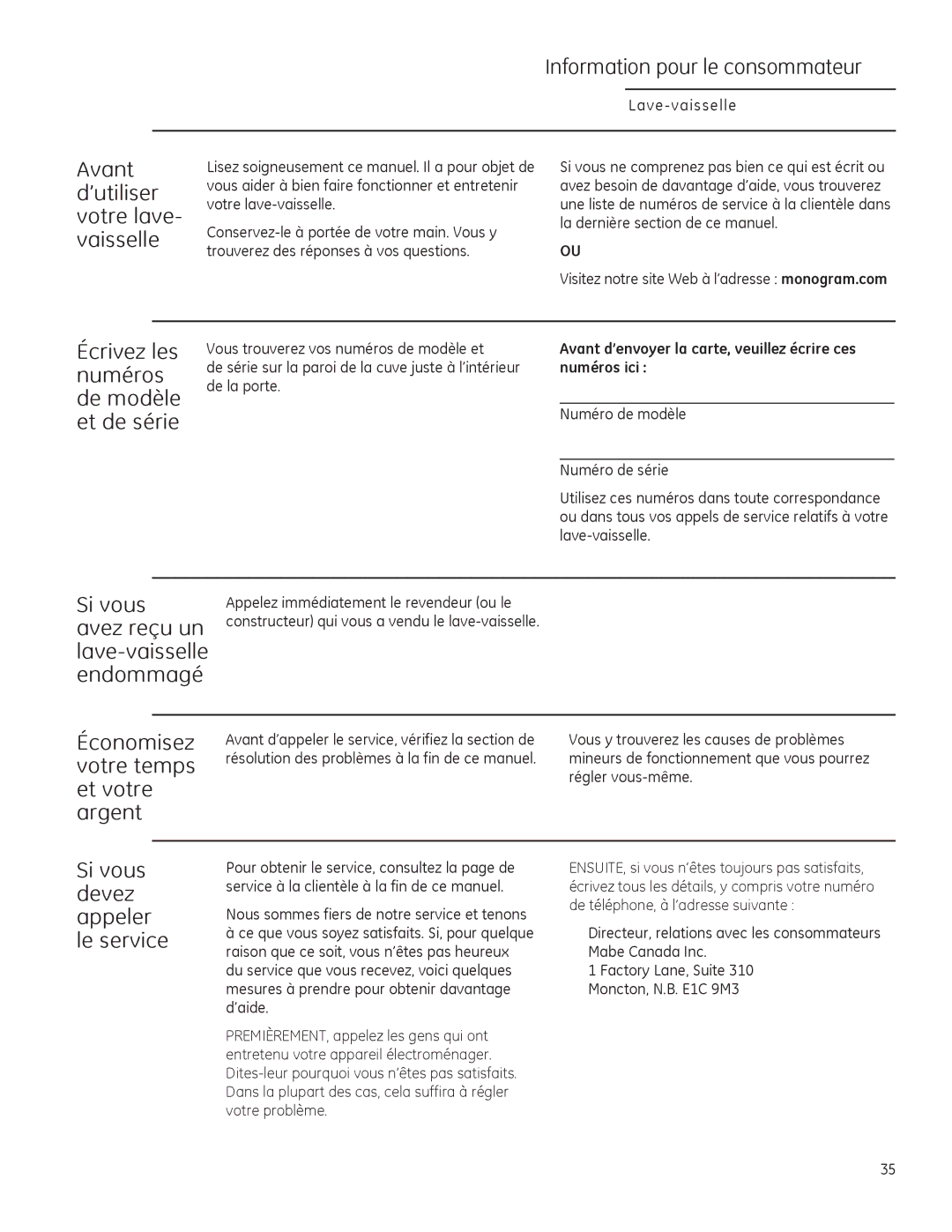 GE Monogram 49-55086 Avant, ’utiliser, Votre lave, Vaisselle, Écrivez les, Numéros, De modèle, Et de série, Si vous 