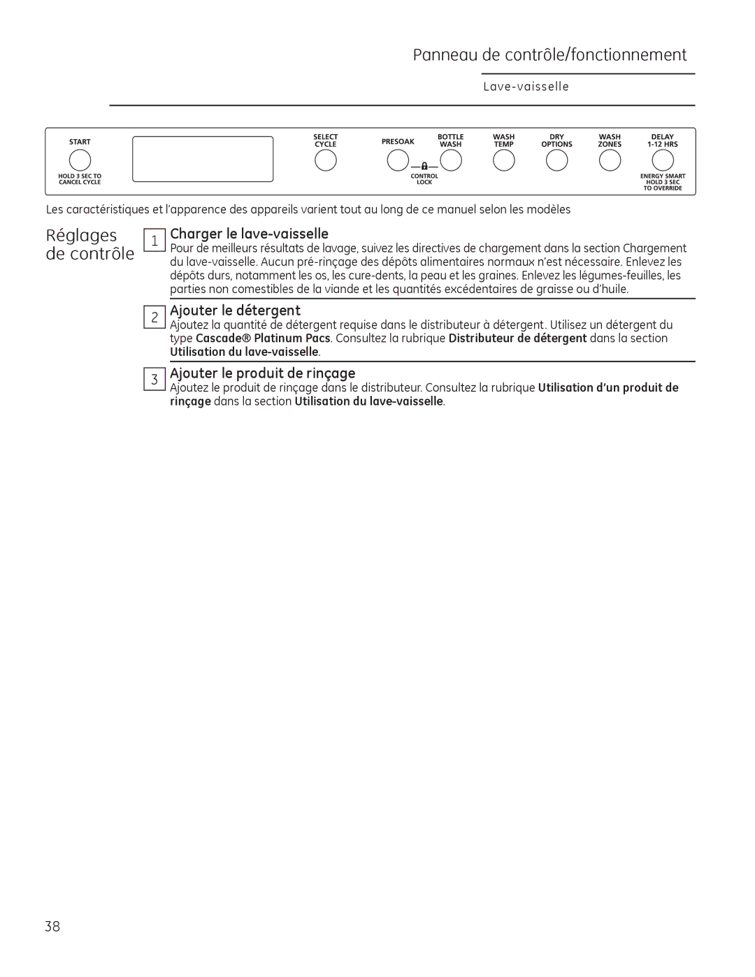 GE Monogram 49-55086 owner manual Panneau de contrôle/fonctionnement, Réglages de contrôle, Charger le lave-vaisselle 