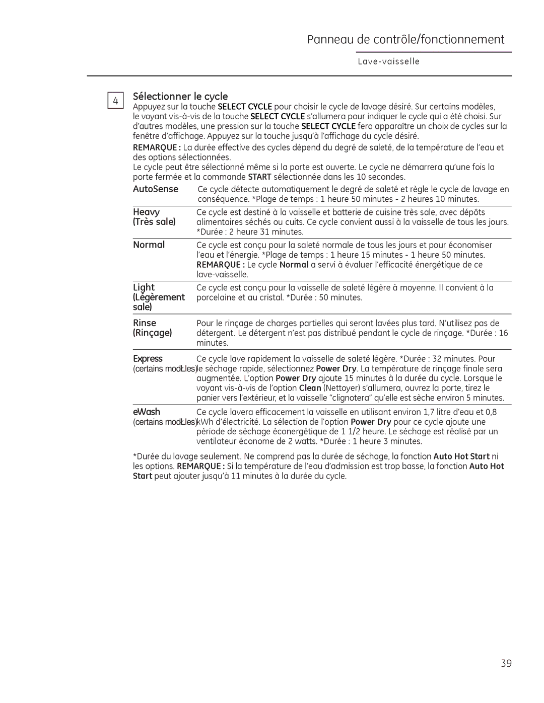 GE Monogram 49-55086 owner manual Sélectionner le cycle 