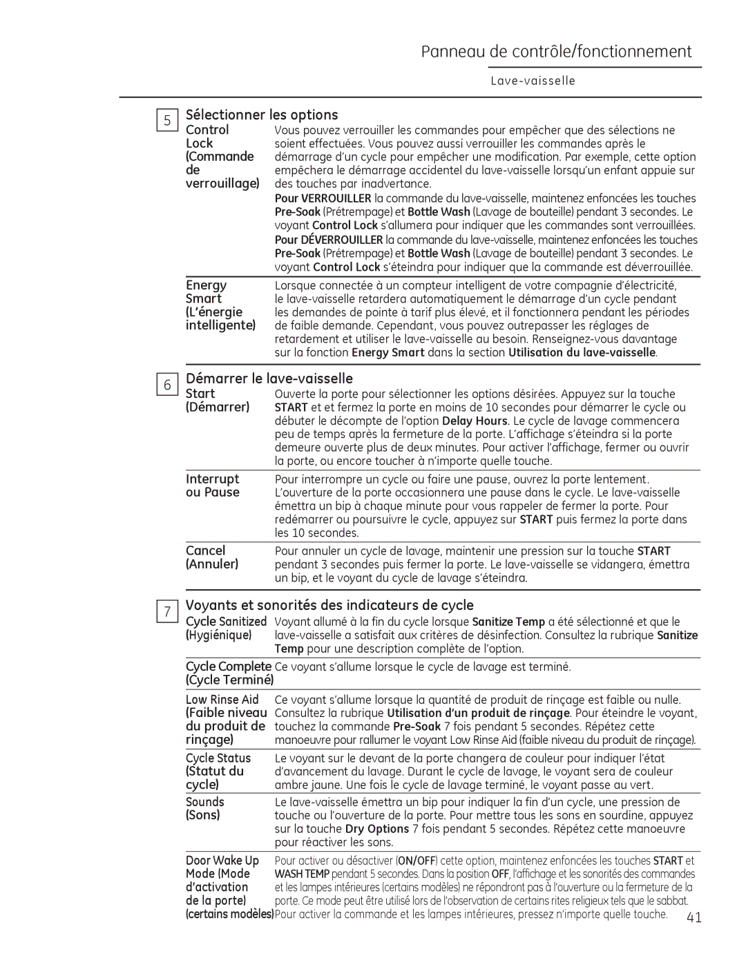 GE Monogram 49-55086 owner manual Démarrer le lave-vaisselle, Voyants et sonorités des indicateurs de cycle 