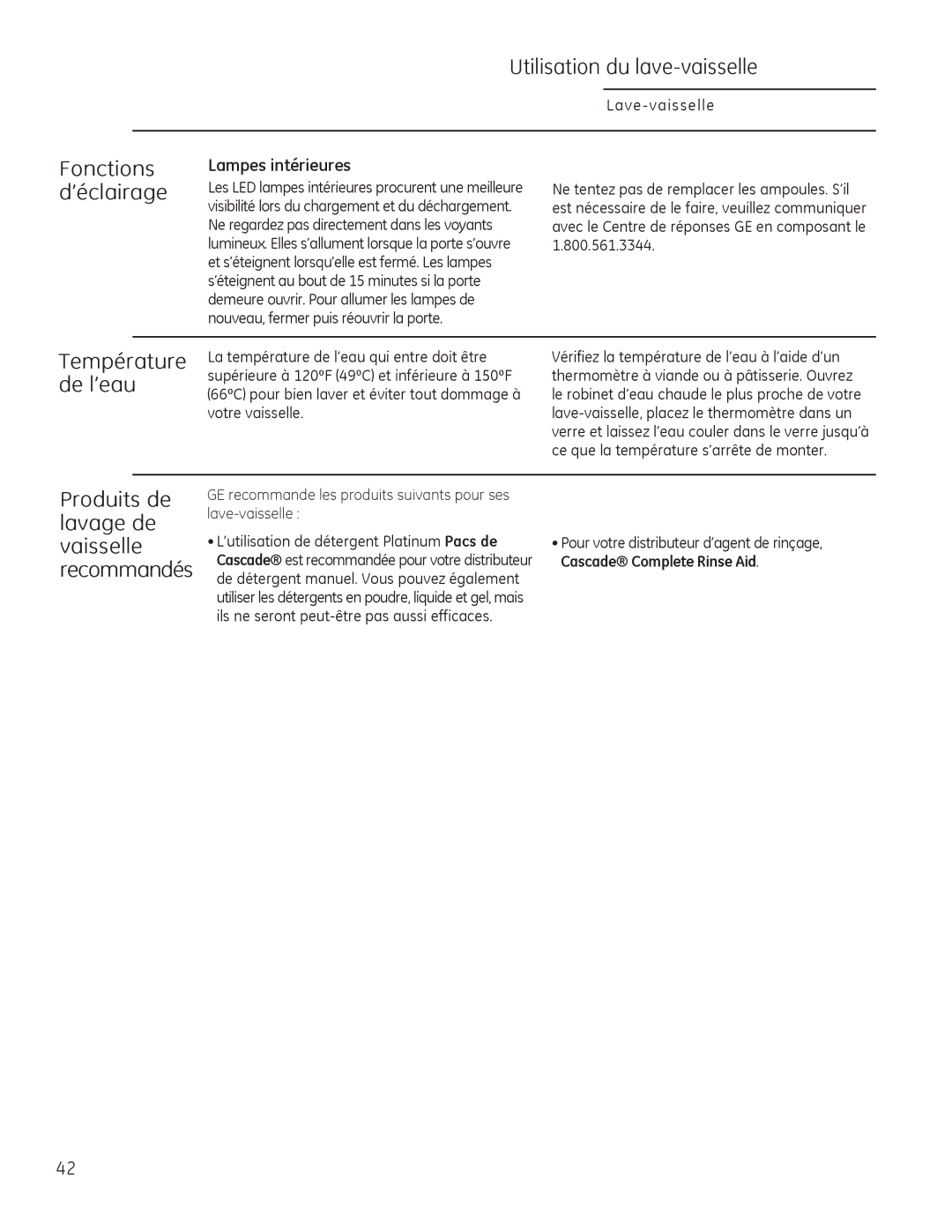 GE Monogram 49-55086 Utilisation du lave-vaisselle, Fonctions d’éclairage, Température de l’eau, Lampes intérieures 