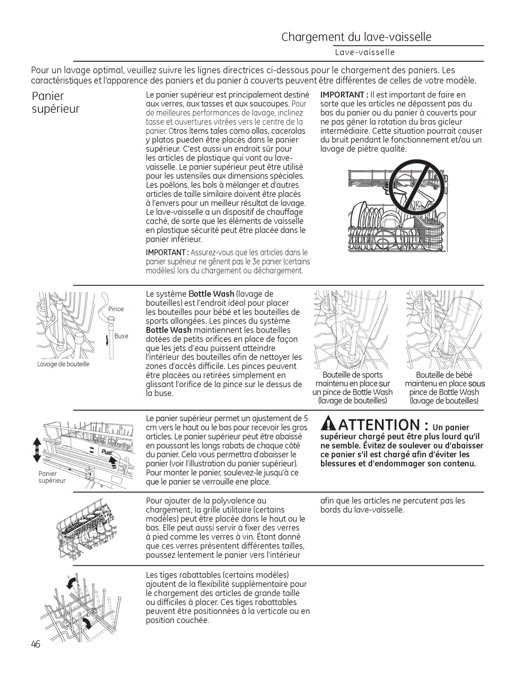 GE Monogram 49-55086 owner manual Chargement du lave-vaisselle, Panier, Supérieur 