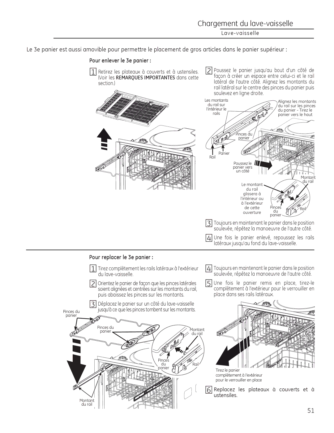 GE Monogram 49-55086 owner manual Pour enlever le 3e panier, Pour replacer le 3e panier 