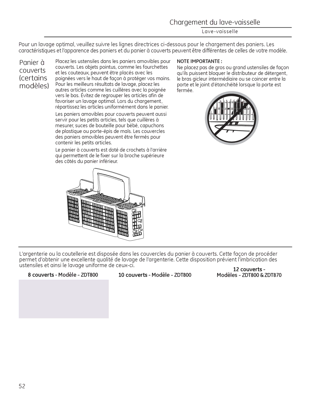 GE Monogram 49-55086 owner manual Panier à couverts certains modèles, Couverts Modèle ZDT800 