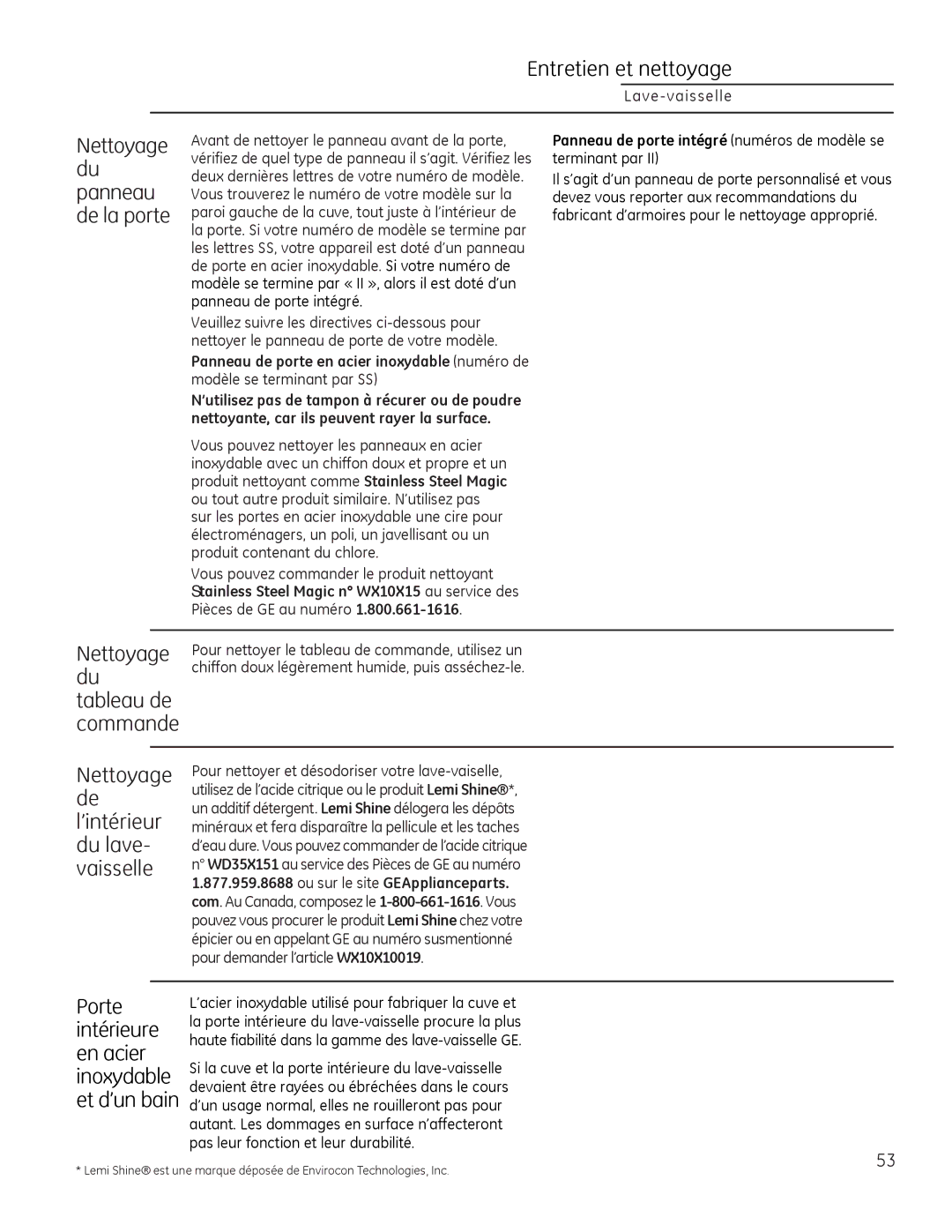 GE Monogram 49-55086 owner manual Entretien et nettoyage, Nettoyage, Panneau, De la porte 